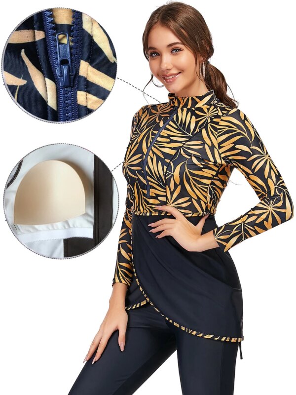 Maillot de bain musulman 3 pièces, Patchwork modeste, Hijab à manches longues, Sport islamique, burkini, avec coussinet de poitrine