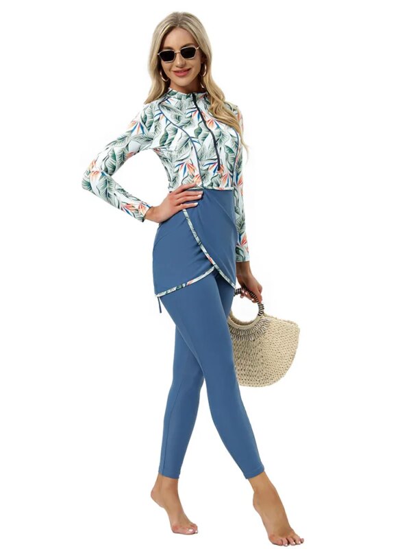 Maillot de bain musulman 3 pièces, Patchwork modeste, Hijab à manches longues, Sport islamique, burkini, avec coussinet de poitrine