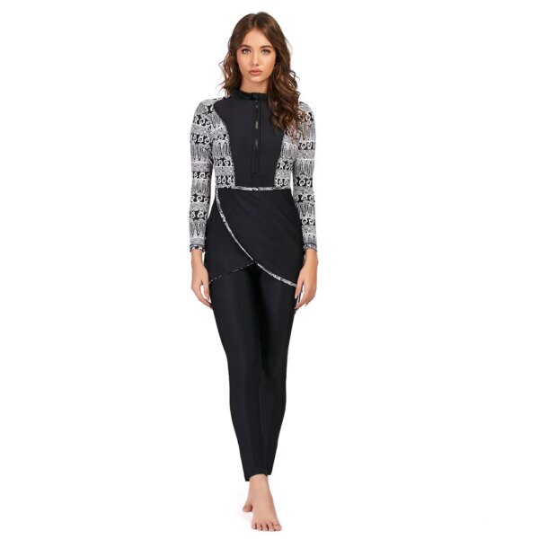 Maillot de bain musulman 3 pièces, Patchwork modeste, Hijab à manches longues, Sport islamique, burkini, avec coussinet de poitrine