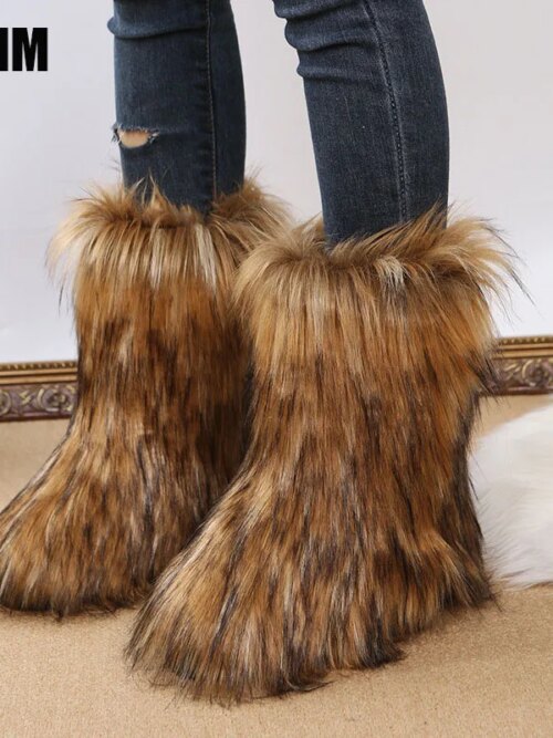 bottes femme de neige en fausse fourrure de renard pour femme