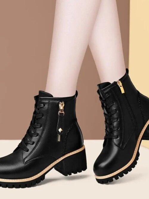 bottines femme en cuir véritable épais avec fourrure pour femme