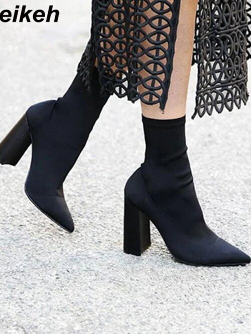 bottines femme à bout pointu pour femme, chaussures à talons hauts carrés