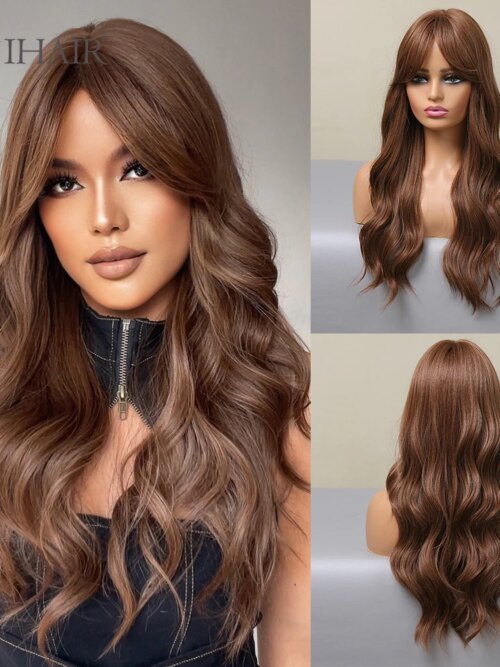 Perruque synthétique longue ondulée marron châtain, eashihair avec longue frange pour femmes