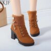 bottines femme de neige imperméables à talon épais avec tête ronde pour femme