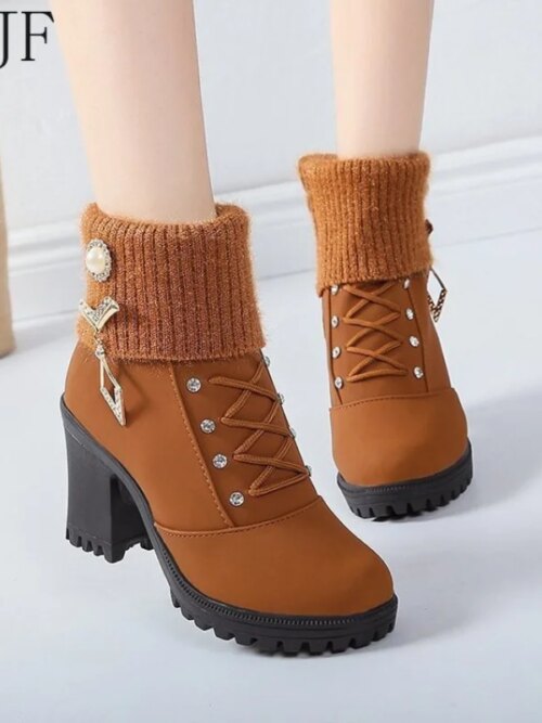 bottines femme de neige imperméables à talon épais avec tête ronde pour femme