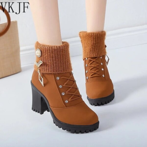 bottines femme de neige imperméables à talon épais avec tête ronde pour femme