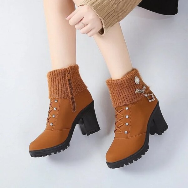 bottines femme de neige imperméables à talon épais avec tête ronde pour femme