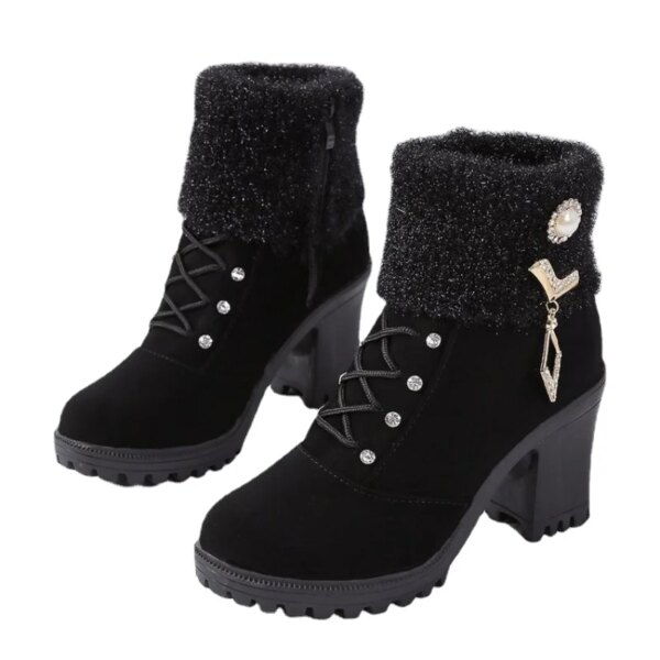 bottines femme de neige imperméables à talon épais avec tête ronde pour femme