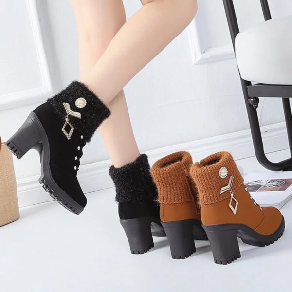 bottines femme de neige imperméables à talon épais avec tête ronde pour femme