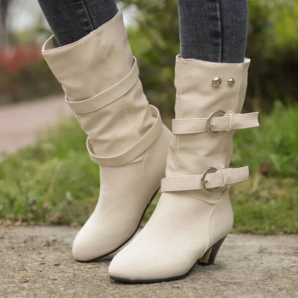 bottines femme mi-mollet à bout pointu pour femme, chaussures chaudes à talons hauts