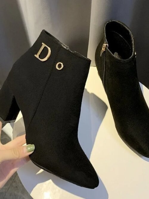 Bottines en cuir noir pour femmes, bottines à la mode, mi-talons, bouts pointus pour dames, bottes courtes de mariage à talons hauts