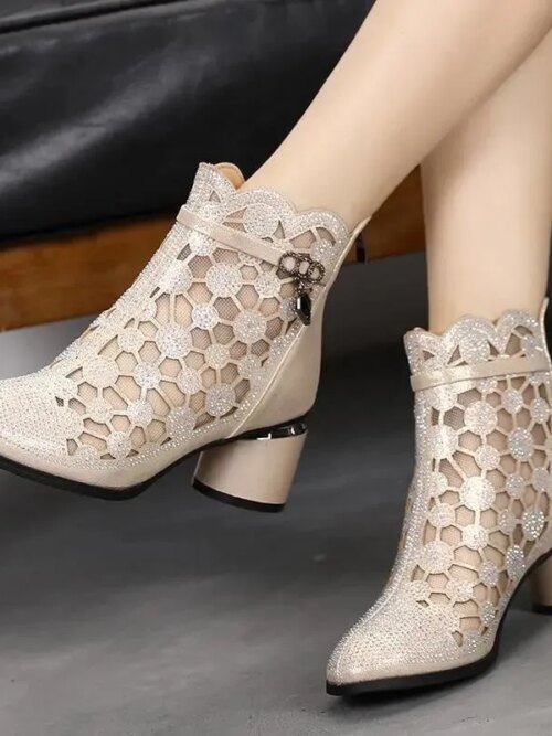 bottines femme Sandales en gaze à talons épais avec strass pour femme, bottines en maille