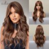 Perruque synthétique longue ondulée marron châtain, eashihair avec longue frange pour femmes