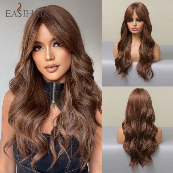 Perruque synthétique longue ondulée marron châtain, eashihair avec longue frange pour femmes