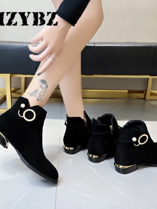 bottines femme en daim à talons bas et hauts pour femme, chaussures pointues avec fermeture éclair