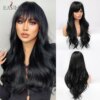 Perruque synthétique longue ondulée marron châtain, eashihair avec longue frange pour femmes