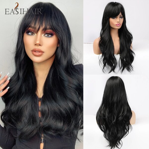 Perruque synthétique longue ondulée marron châtain, eashihair avec longue frange pour femmes