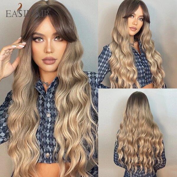 Perruque synthétique longue ondulée marron châtain, eashihair avec longue frange pour femmes