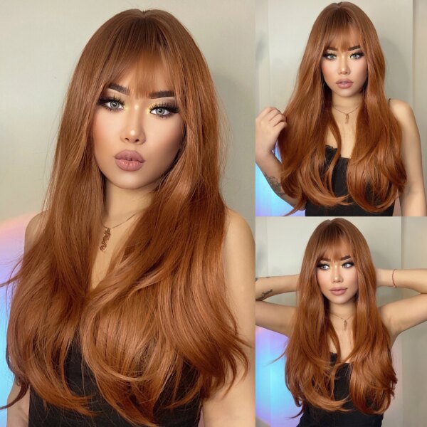 Perruque synthétique longue ondulée marron châtain, eashihair avec longue frange pour femmes