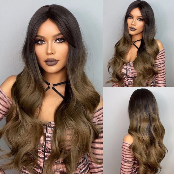 Perruque synthétique longue ondulée marron châtain, eashihair avec longue frange pour femmes