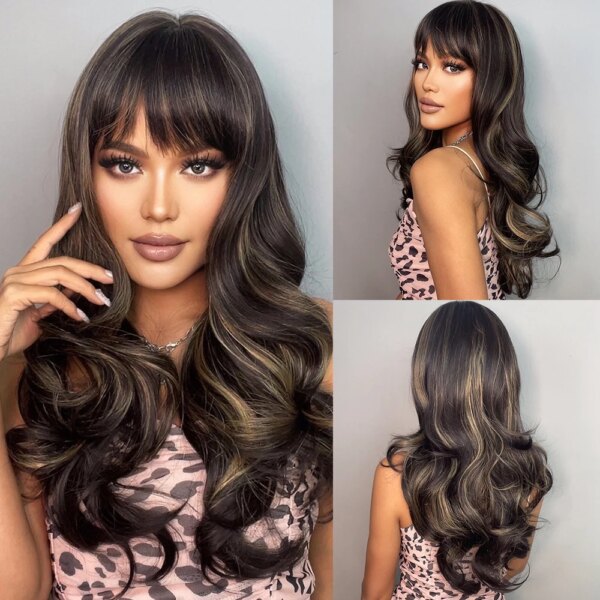 4553-78bd6d.jpg Perruque synthétique longue ondulée marron châtain, eashihair avec longue frange pour femmes