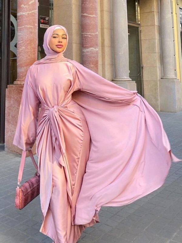Abaya en satin assortis pour femmes, ensembles musulmans, robe Hijab