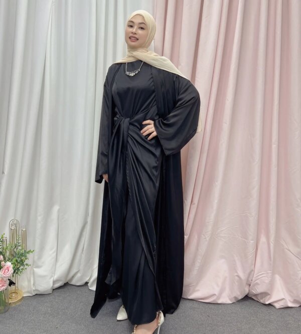 Abaya en satin assortis pour femmes, ensembles musulmans, robe Hijab