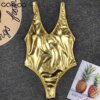maillot de bain 1 piece doré et argenté, brillant, col en V, pour femmes, vêtements de plage