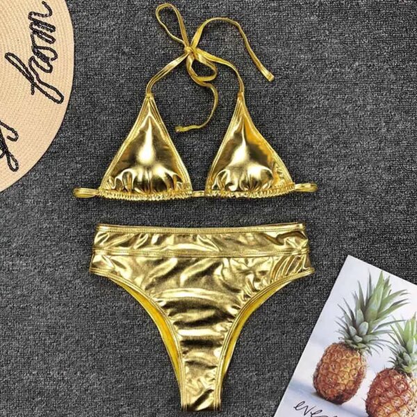 maillot de bain 1 piece doré et argenté, brillant, col en V, pour femmes, vêtements de plage