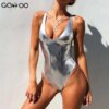 maillot de bain 1 piece doré et argenté, brillant, col en V, pour femmes, vêtements de plage