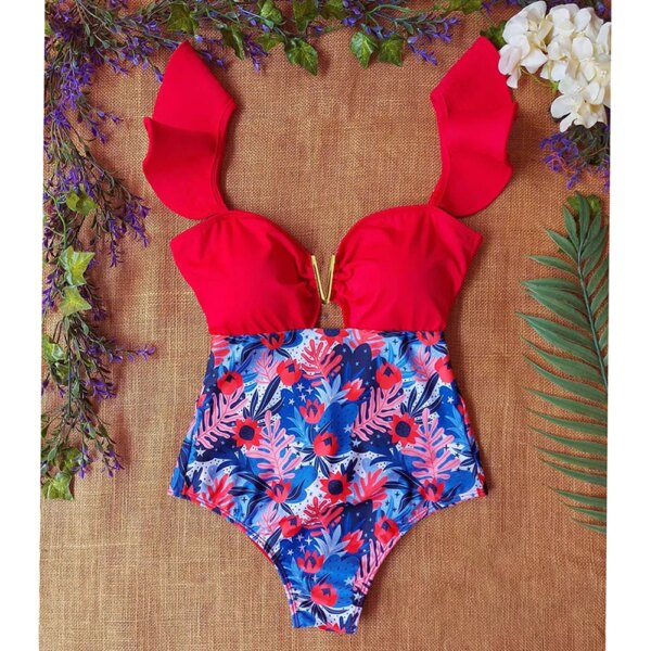Maillot de bain une pièce à volants, sexy, imprimé floral, pour femme