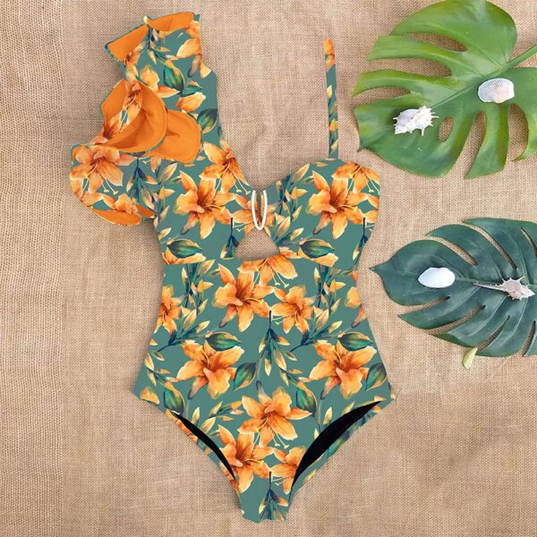 Maillot de bain une pièce à volants, sexy, imprimé floral, pour femme