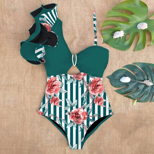 Maillot de bain une pièce à volants, sexy, imprimé floral, pour femme