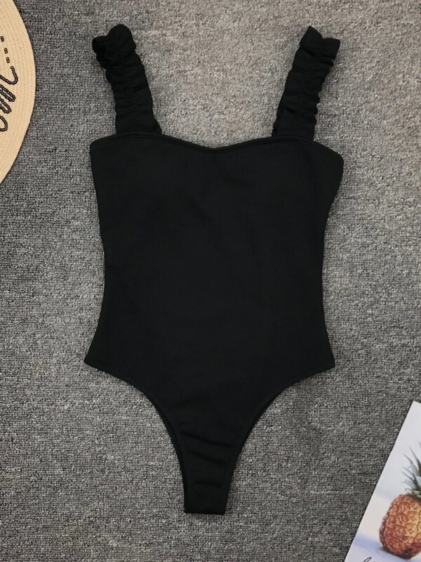 maillot de bain 1 pièce gainant une pièce noir, Vintage, bretelles à volants, Push-Up