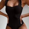 maillot de bain 1 pièce gainant une pièce noir, Vintage, bretelles à volants, Push-Up