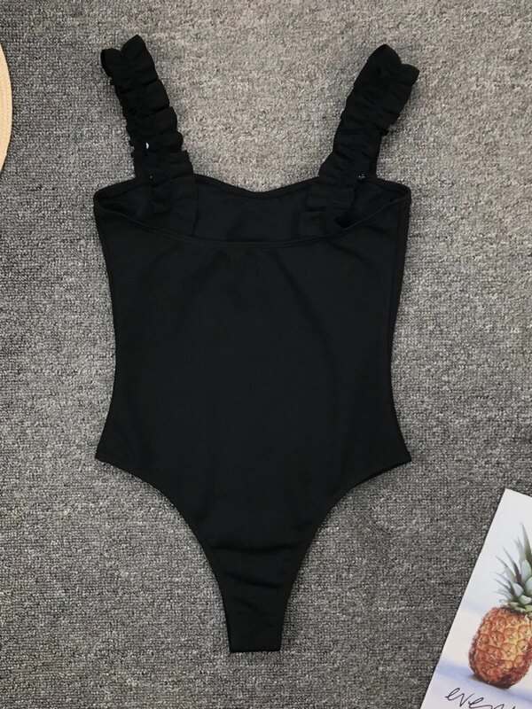 maillot de bain 1 pièce gainant une pièce noir, Vintage, bretelles à volants, Push-Up