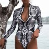 Maillot de bain une pièce imprimé, fermeture éclair, manches longues