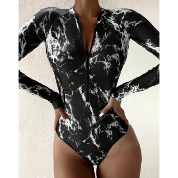 Maillot de bain une pièce imprimé, fermeture éclair, manches longues