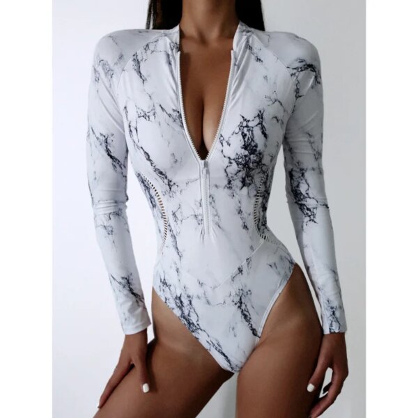 Maillot de bain une pièce imprimé, fermeture éclair, manches longues