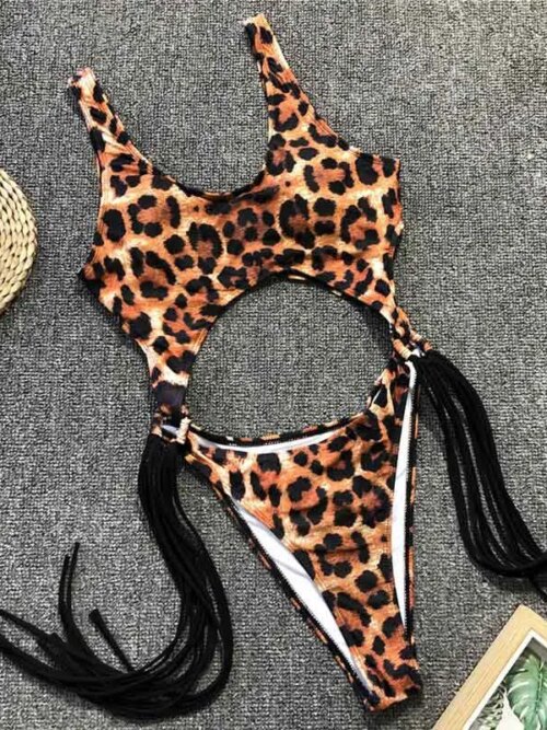 Maillot de bain une pièce imprimé léopard, sexy, amissié, avec franges, pour femmes