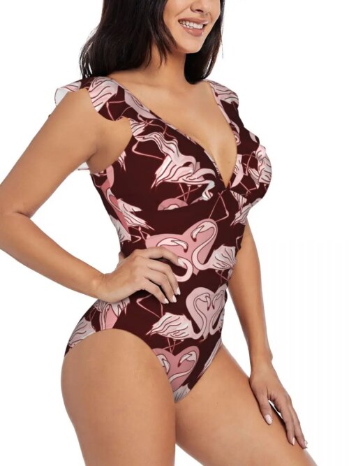 Maillot de bain une pièce pour femmes, flamands roses amoureux