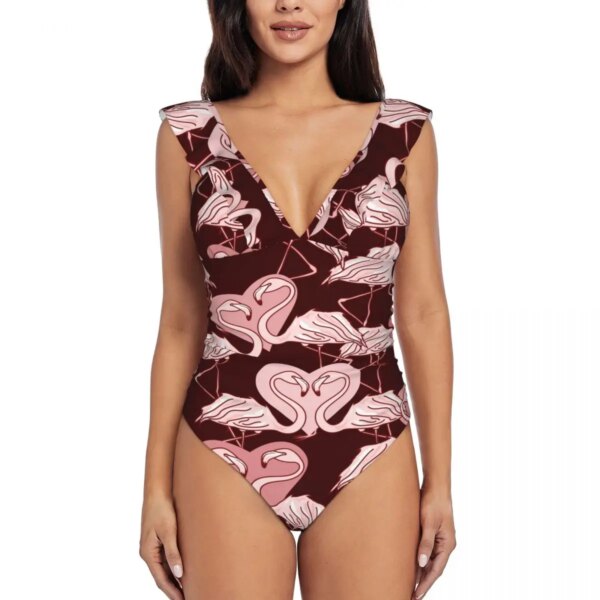 Maillot de bain une pièce pour femmes, flamands roses amoureux