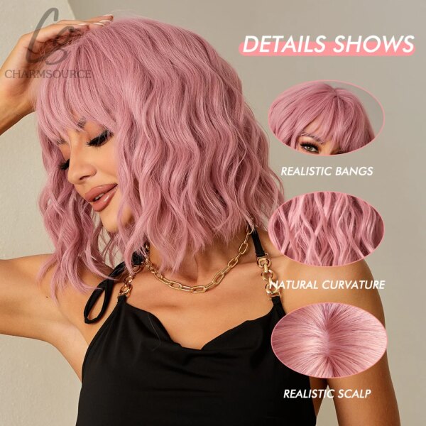 perruque femme BOBO roses, courtes, ondulées naturelles, perruque synthétique pour femme