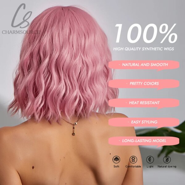 perruque femme BOBO roses, courtes, ondulées naturelles, perruque synthétique pour femme