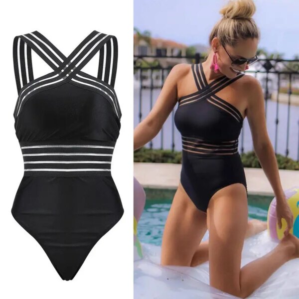 Maillot de bain une pièce à rayures noires, sexy, bandage