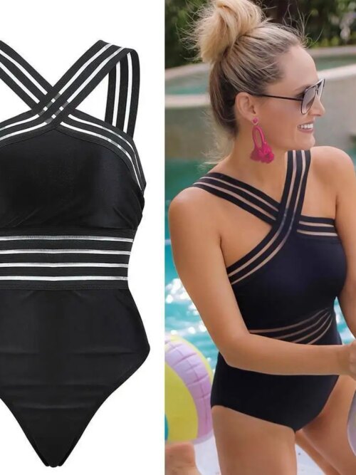 Maillot de bain une pièce à rayures noires, sexy, bandage