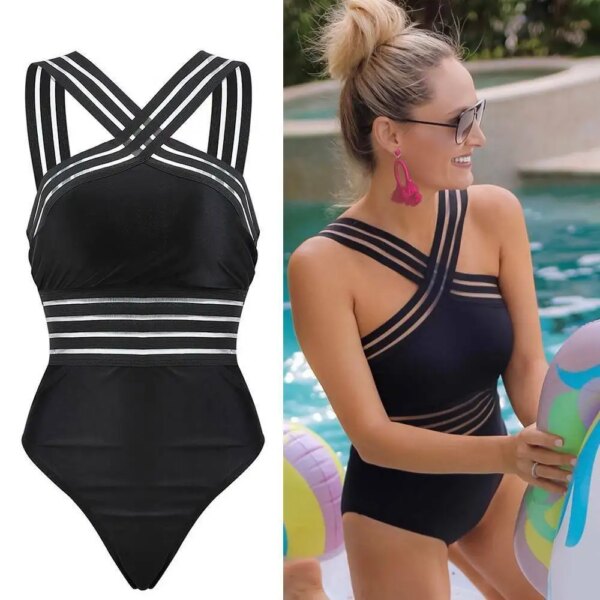 Maillot de bain une pièce à rayures noires, sexy, bandage