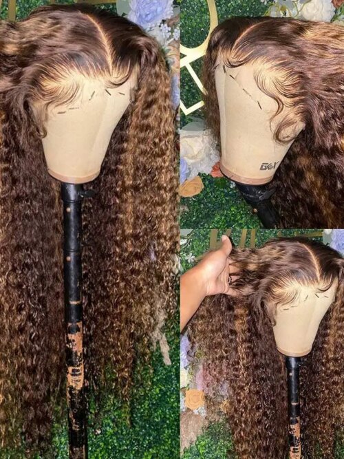 perruque femme Lace Front Wig naturelle, cheveux bouclés, ombré, à reflets