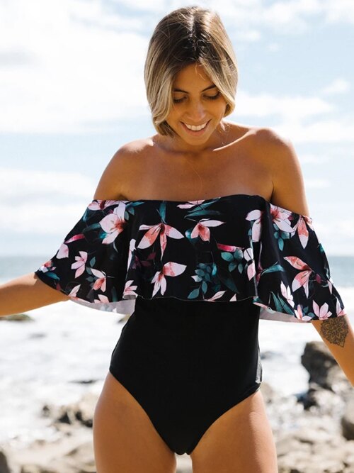maillot de bain gainant ventre plat imprimé à volants, monokini