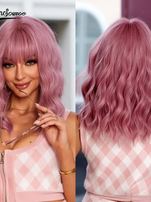 perruque synthétique ondulée rose, cheveux courts